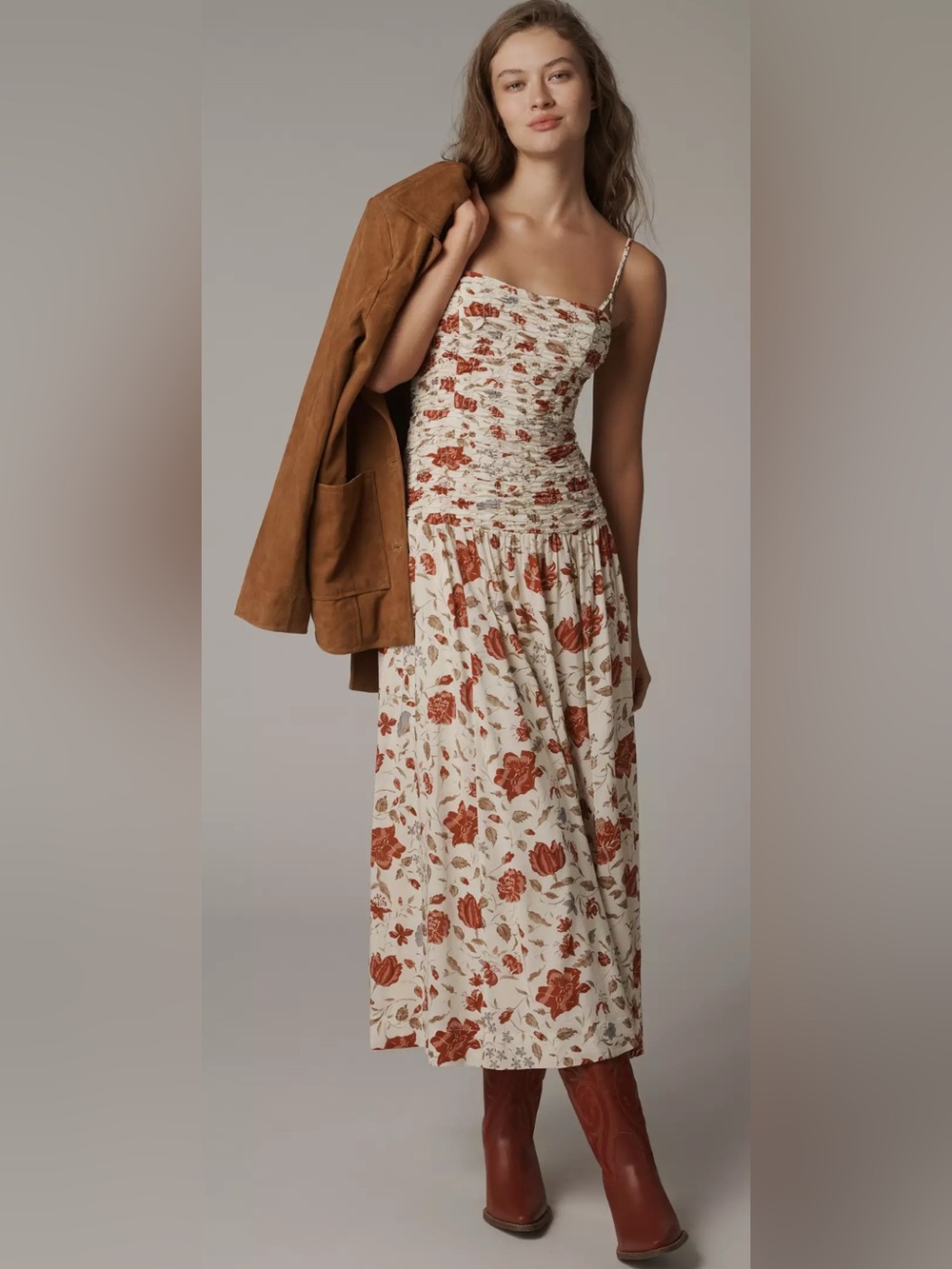 Reformation Azure Dress with Rust Floral Print